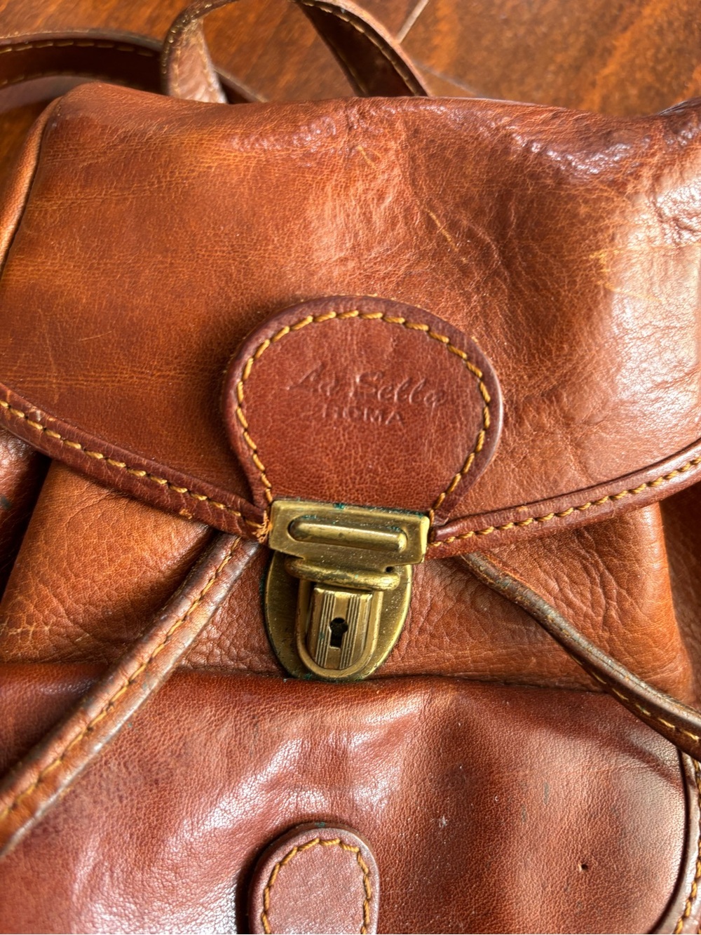 Vintage La Sella Roma Italian Leather Small Backpack Satchel, Drawstring Flap - Picture 2 of 16
